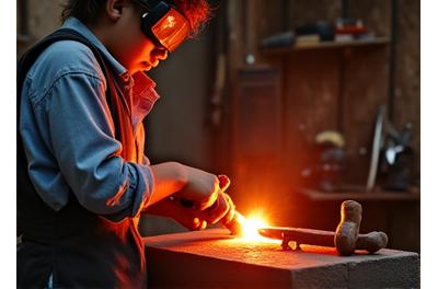 Studente che impara a forgiare in un laboratorio, con un fabbro esperto che lo guida